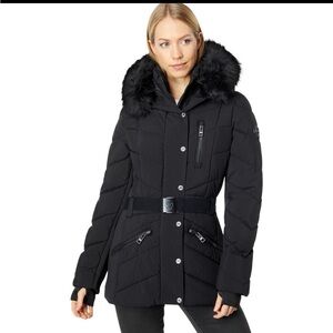 Michael Kors Active Belted Puffer with Faux Fur Trim Hood - BLACK XXL